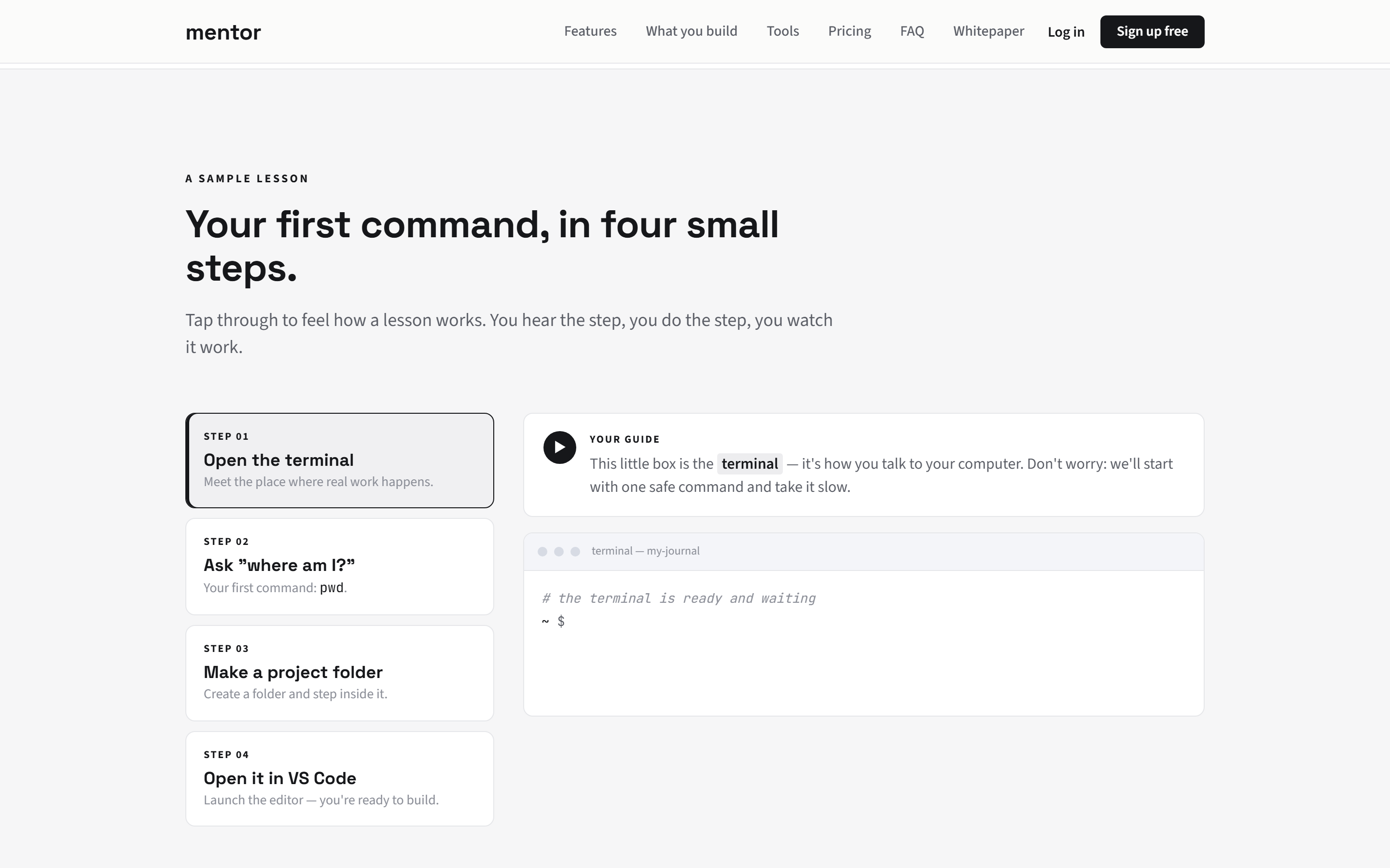 Lesson walkthrough — step sidebar and guidance alongside the learner's real editor. From zero to first real command in minutes.