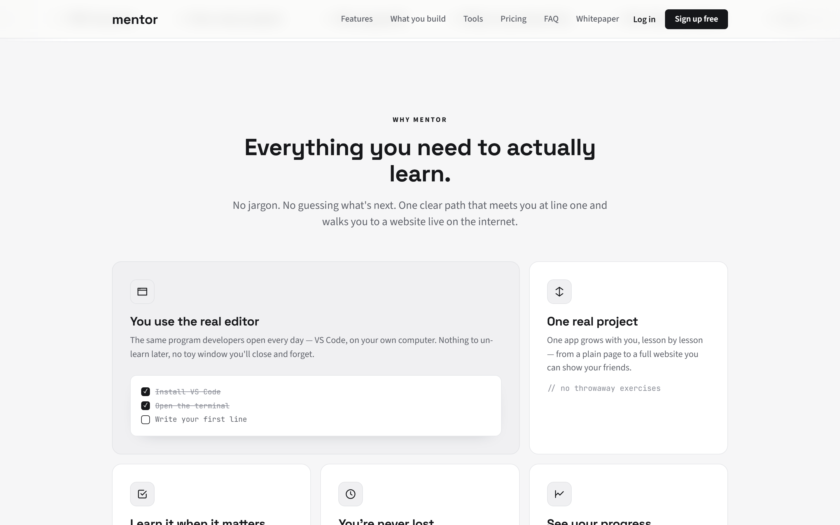 The product principles — real IDE, one continuous project, instruction tied to action, understanding over completion.